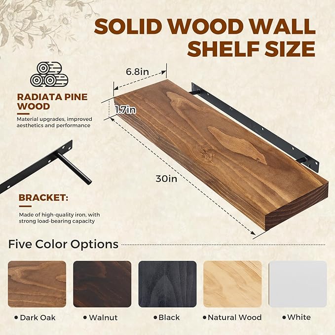 Floating Wall Shelves 30x6.8x1.7 Inch – Solid Wood Rustic Shelves in Dark Oak Finish – Wall Mounted Heavy Duty Display Shelf for Kitchen, Bedroom, Living Room – Set of 2