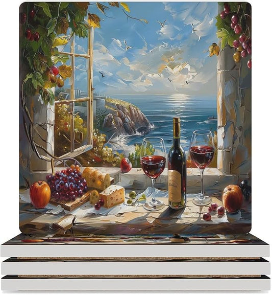 Square-4PCS Red Wine Drink Coasters, Square Modern Ceramic Absorbent Coasters, Oil Painting Style Red Wine Grapes Sea Scenery Decor Desk Coffee Table Coaster for Beverage Cup Tea Coasters