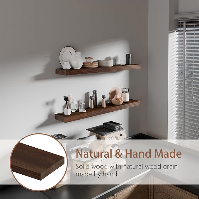 36 inch Walnut Bathroom Shelves,Long Floating Shelves for Wall,Solid Wood Long Shelves Set of 2,Kitchen Wall Mounted Shelf (Walnut, 36 Inch)