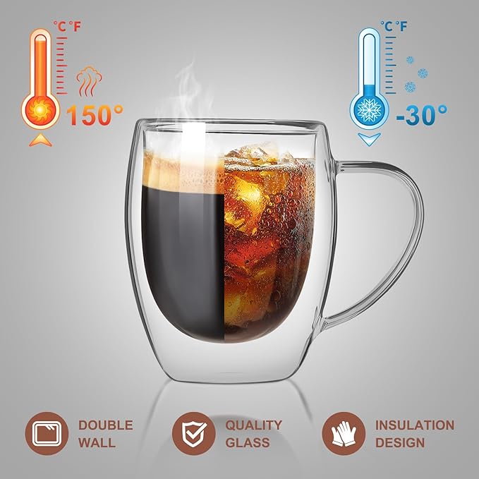 Double walled glass coffee mugs, Glass Coffee Mugs Set Of 2, Glass Coffee Cups with Handles, 12OZ, Suitable for Cappuccino, Latte, Espresso, Hot Drinks, Cold Drinks