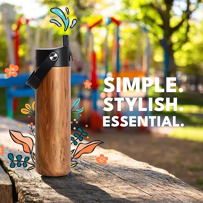 Elemental 24oz Insulated Water Bottle with Straw - 100% Leak-Proof Stainless Steel Core Water Bottles for Travel, Sports and Gym - Double Wall Insulation & BPA Free - Teak Wood