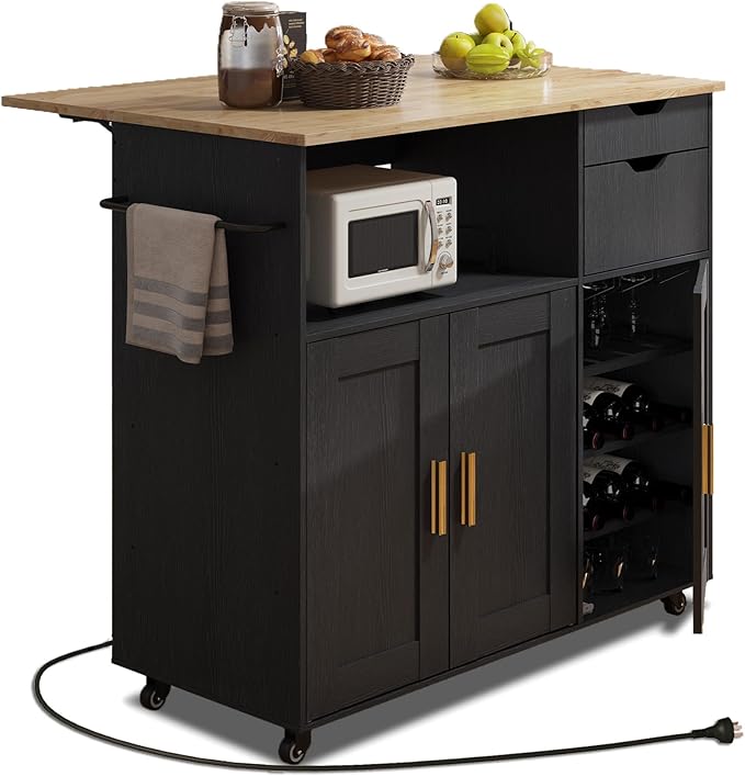 Rolling Mobile Kitchen Island Cart with Desktop Drop Leaf Countertop, Island Table Storage with 5 Wheels, Rolling Kitchen Cabinet with Power Socket (Black, Model 2)