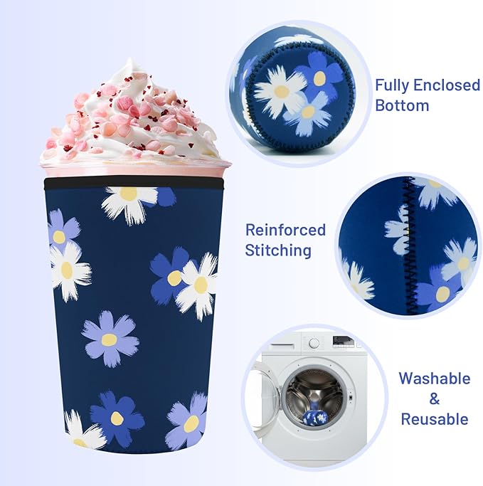 Iced Coffee Sleeve Reusable Cup Sleeves for Cold Drinks Neoprene Koozie Cozy Plastic Cup Covers for Drinks, Blue White Floral