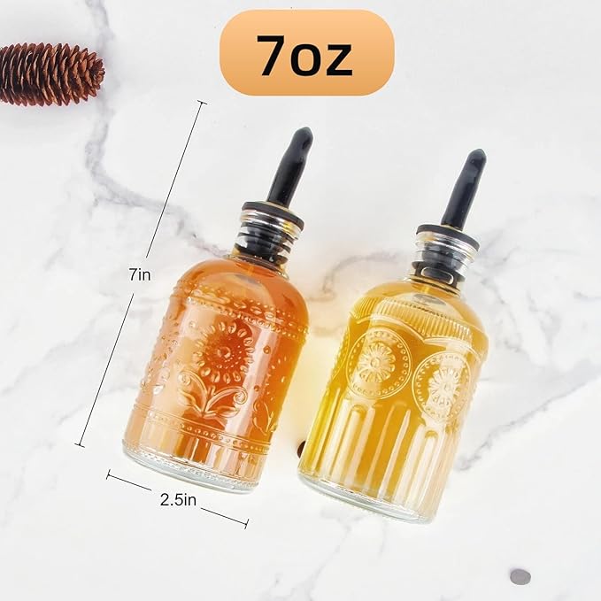 Simple Syrup Bottles Set of 2, Glass Coffee Syrup Dispenser Bottles 7 OZ With Metal Pour Spout, Labels and Stopper, Glass Syrup Dispenser for Maple Honey Syrup Oil and Sauces, LC002