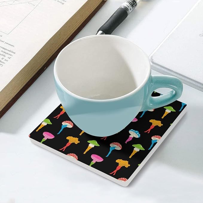 Square-6PCS Botanical Drink Coasters, Square Modern Ceramic Absorbent Coasters, Cartoon Botanical Colorful Mushroom Pattern Decor Desk Coffee Table Coaster for Beverage Cup Tea Coasters