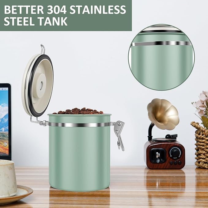 3PCS Coffee Storage Canister 1.5L 51OZ Double Airtight Coffee Beans Container with Date Locator 304 Stainless Steel Kitchen Food Storage Container with Spoon For Coffee Beans Grounds Tea Sugar