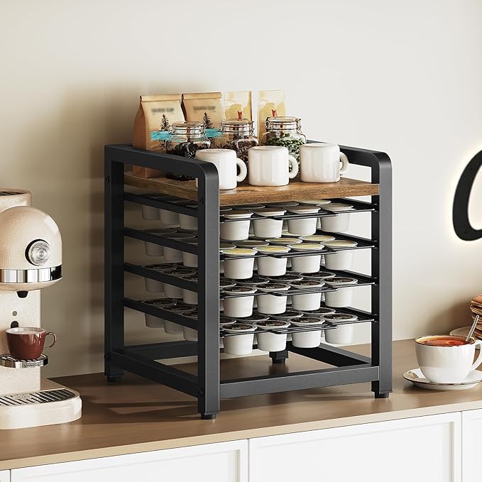 Coffee Pod Drawer Holder, 4 Tier Organizer for K Cup, 80 Pods Capacity, Spacious Storage Rack for K Cup, Space Saving, Easy Assembly, for Kitchen, Rustic Brown KH04BRY1