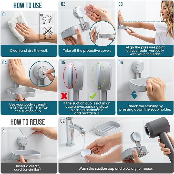TAILI Soap Dish Bar Holder Suction Cup,SoapSaver with Powerful Vacuum Suction,Sponge Holder for Shower,Bathroom,Tub andKitchen Sink,Universal Shower Accessories,Drill-Free,Removable,2 Pack,Grey