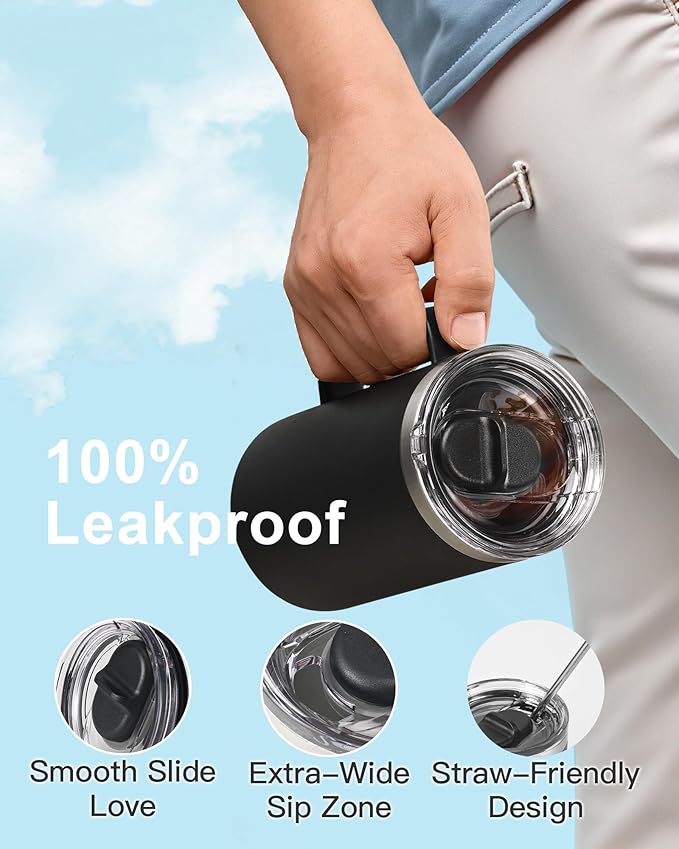 Insulated Coffee Mug 24 oz, Double Wall Stainless Steel Coffee Mug with Lids, Leak-Proof & Detachable Slider Lid for Thorough Clean, Keeps Coffee Cold for 9 Hrs, Suitable for Camp Home Office