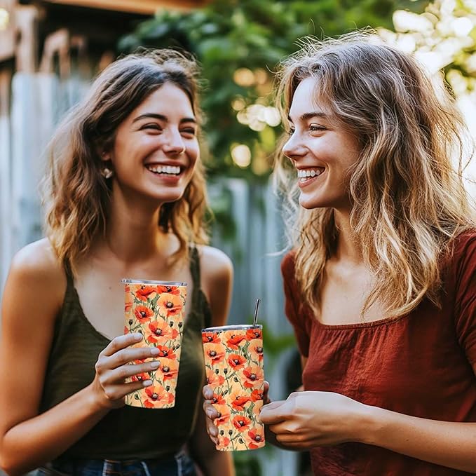 20 oz Tumbler, Floral Stainless Steel Travel Mug, Double Wall Vacuum Insulated Coffee Cup for Hot & Cold Drinks, Chirstmas or Birthday Gift for Men and Women, Printed Poppy Flower