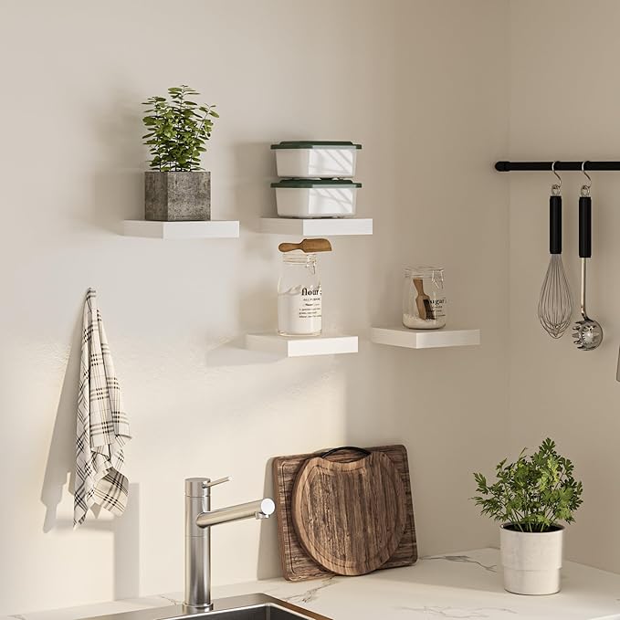 Square Floating Shelves for Wall, 7.5" W x 7.5" D x 1.4" H, Small Wooden Wall Mounted Display Shelf with Invisible Brackets for Living Room, Bathroom, Kitchen Decor, Set of 4, White