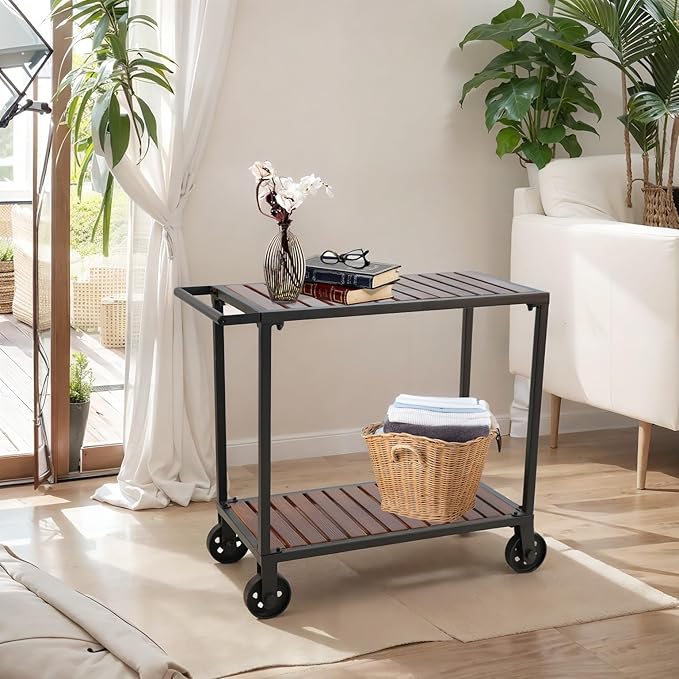 Vintage Mobile Serving Cart on Wheels Industrial 2-Tier Rolling Bar Cart for Home Kitchen Farmhouse Utility Cart for Office Wood and Metal Design with Side Handle 31.7inch Height