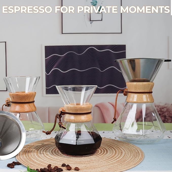 Pour Over Coffee Maker 800ml with 304 Stainless Steel Filter and Wooden Collar Holder Borosilicate Glass Drip Coffeemaker Server Set Clear Hand Brew Dripper Carafe for Home Camping Travel 27oz