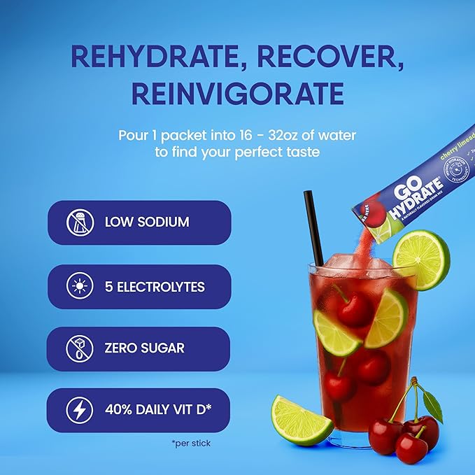 GoHydrate Low Sodium Electrolytes Powder Packets Sugar Free - Instant Hydration Daily Drink Mix - Zero Sugar Water Flavor Packet Singles with Vitamin D - (Cherry Limeade, 30 Packs)