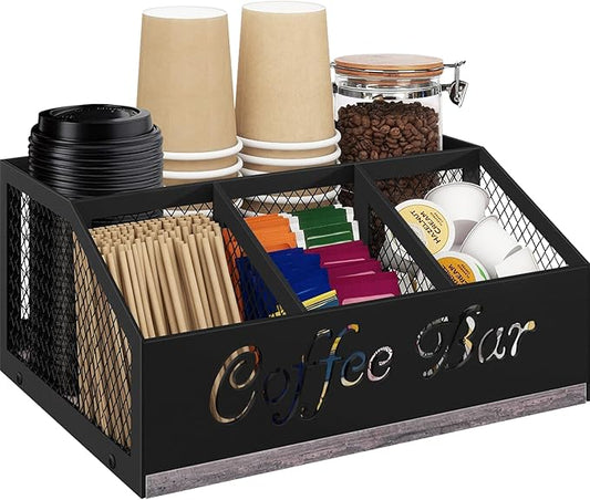 BCOZLUX Coffee Bar Organizer for Countertop, Wooden Counter Station Organizer with Metal Mesh Basket, Coffee Bar Accessories Decor for Pods Condiment Syrup Tea Sugar, Gray