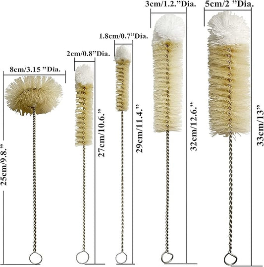 NewFerU Stainless Steel Soda Bottle Cleaning Brush Set in Natural Boar Bristle Wool Tip Long Handle, Flexible Bendable Thick Wire Cleaner for Narrow Neck Water Baby Bottles Straw Pipe Tube Flask (5)