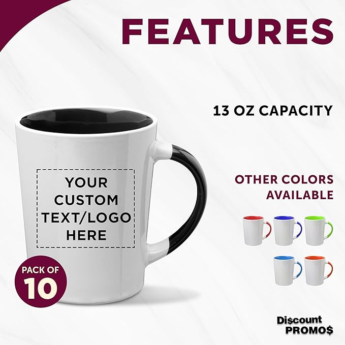 Custom Ceramic Latte Coffee Mugs by Albany 13 oz. Set of 10, Personalized Bulk Pack - Perfect for Coffee, Tea, Espresso, Hot Cocoa, Other Beverages - Black