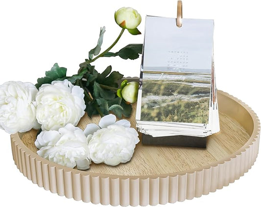 Round Decorative Tray for Coffee Table Decor, 11.8in Wood Decorative Serving Tray for Kitchen Counter,bandejas decorativas, Wooden Serving Tray for Party