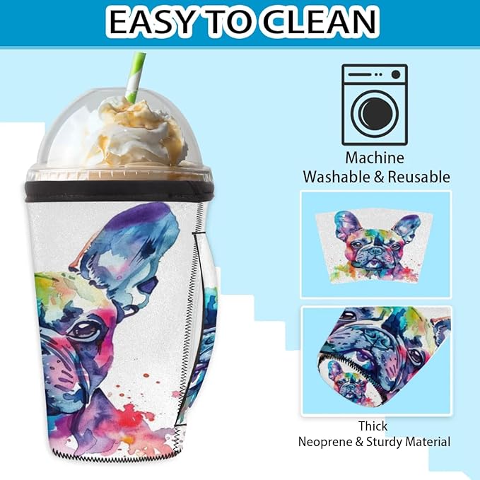 Reusable Iced Coffee Sleeve with Handle, Watercolor French Bulldog Neoprene Cup Sleeve Dog Pattern Insulator Cup Holder for Cold Drinks Beverages 24oz - 28oz