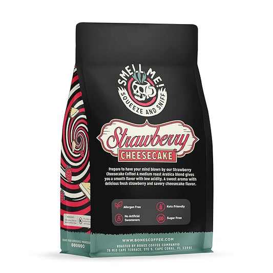 Bones Coffee Company Strawberry Cheesecake Flavored Coffee, Medium Roast Low Acid Arabica Beans Compatible with Auto drip and French Press Coffee Maker, 12 Oz Whole Bean