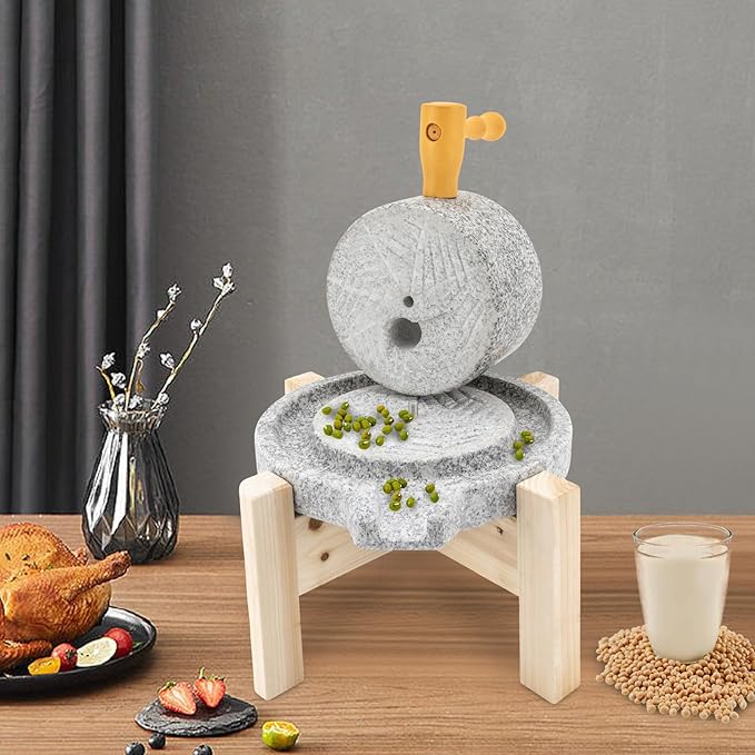Stone Grain Mill w/Solid Wood Base Stone Grain Mill Grinder for Home - Handmade Traditional Countertop Mill Disc Grainer Mill Hand Crank Food Natural Disk Grinder for flour Spiced Barley Soy Tortillas