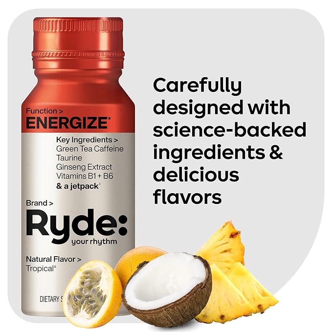 Ryde: Energize Shot | Tropical Flavor | Green Tea Caffeine, Taurine, Ginseng Extract & B Vitamins | 0 Calories, 0 Sugar | 2 FL OZ Shots | Boosts energy* (24 Pack)