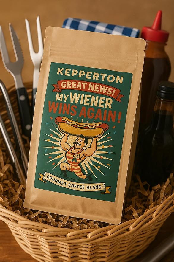 My Wiener Wins Again Gag Gift for Caffeine Fiends Coffee Gifts for Men & Hot Dog Lovers, Weird Basket Stuffers for Birthdays or Holidays, Resealable Bag, Whole Bean