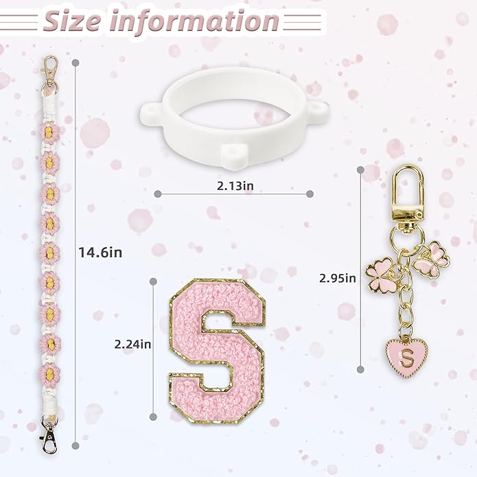Compatible with Owala Water Bottle Accessories, Cute Letter Charm Set with Boho Handle Strap, Monogram Sticker, Silicone Ring, Keychain Decoration, for FreeSip 24 32 40oz, Owala Kids, Tumbler Gift