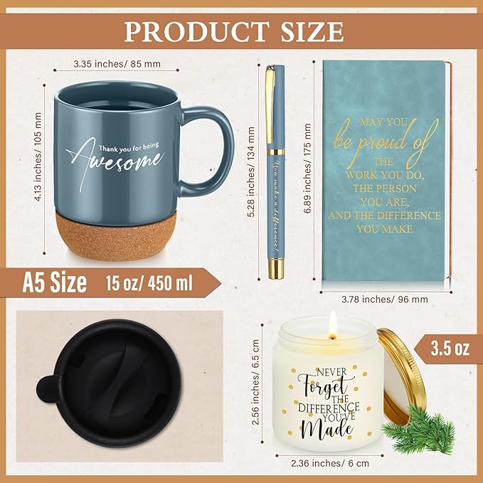 4 Pcs Thank You Gift Set for Men Women Coworker Employee Inspirational Appreciation Gifts Notebook Coffee Mug Scented Candle Pen for Valentine's Day Team Office Staff Teacher Nurse (Blue)