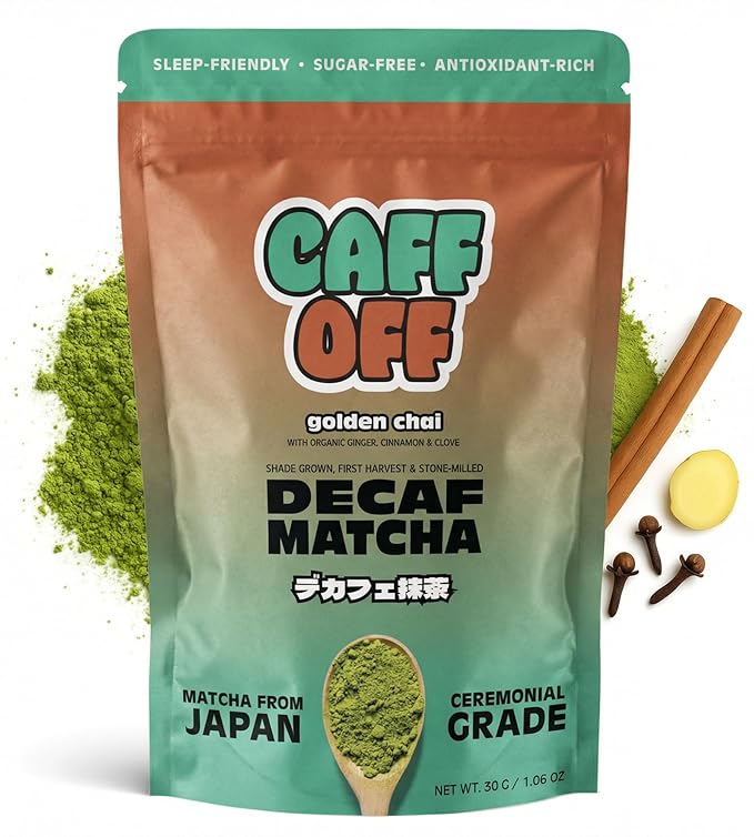 Caff Off Decaf Chai Matcha Green Tea Powder From Japan – 1.06 oz / 30 g – With Real Ground Chai Adaptogen - Ceremonial Grade & Sugar-Free – No Fillers or Milk Powders – Naturally Decaffeinated Without Chemicals – Tested for Heavy Metals – First Harvest...
