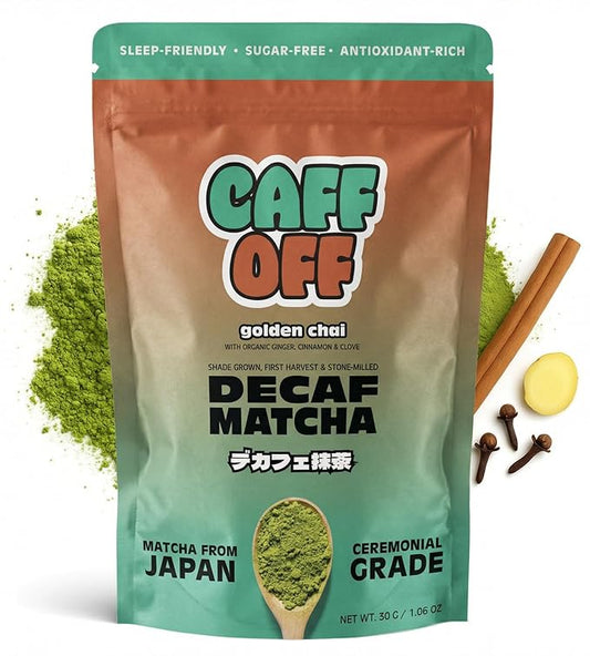 Caff Off Decaf Chai Matcha Green Tea Powder From Japan – 1.06 oz / 30 g – With Real Ground Chai Adaptogen - Ceremonial Grade & Sugar-Free – No Fillers or Milk Powders – Naturally Decaffeinated Without Chemicals – Tested for Heavy Metals – First Harvest...