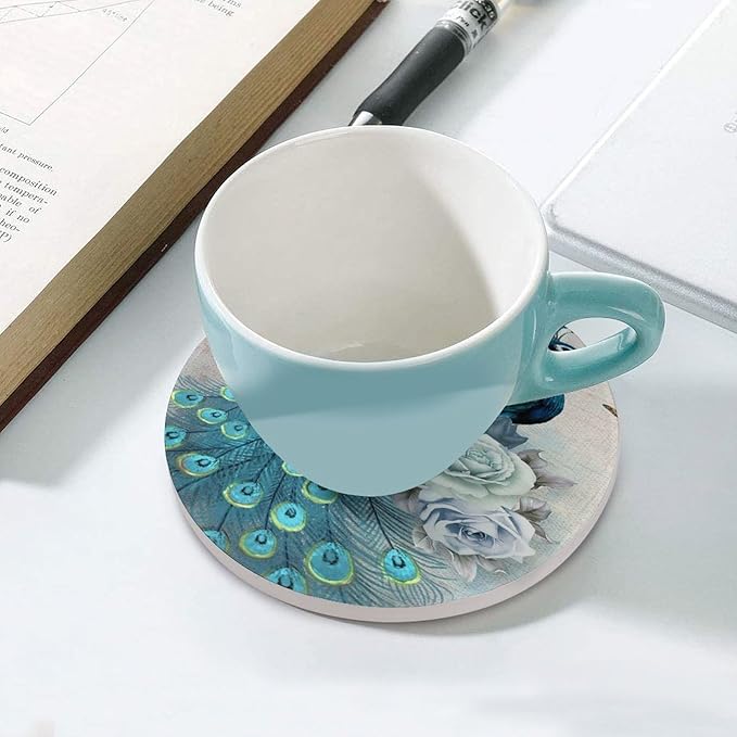 Round-4PCS Peacock Ceramic Coasters, Round Absorbent Drink Coasters, Vintage Tree Branch Beautiful Teal Peacock Floral Ceramic Table Coasters for Coffee, Beverage, Wine, Beer Coasters
