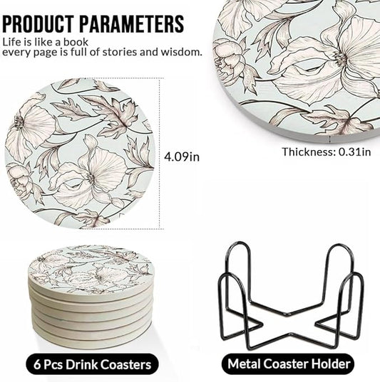 Ceramic Coasters Set of 6, Marble-Textured Design with Holder - Absorbent Cork-Backed Coasters for Cups, Bar & Coffee Table Decor Accessories (Flower-Leaves, 6 Pack)