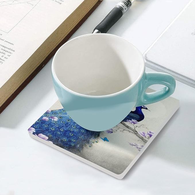 Square-4PCS Peacock Drink Coasters, Square Modern Ceramic Absorbent Coasters, Vintage Style Beautiful Blue Peacock Floral Decor Desk Coffee Table Coaster for Beverage Cup Tea Coasters