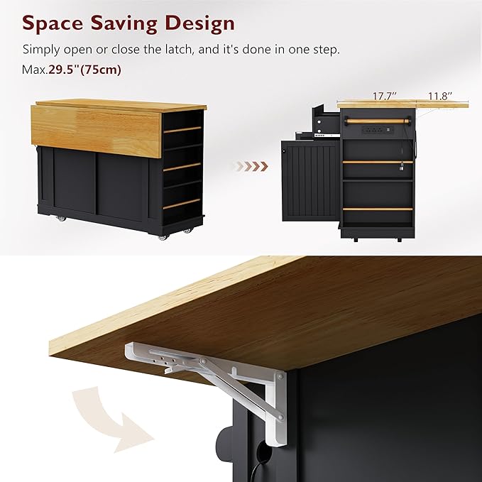 Rolling Kitchen Island with 2 Bar Stools, Drop Leaf & Power Outlet, Large Kitchen Islands Cart on Wheels, Movable Kitchen Island with 5 Open Shelves & Towel Rack for Kitchen, Dining Room, 48″, Black