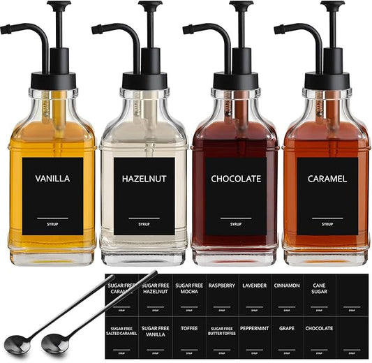 Coffee Syrup Dispenser, Coffee Bar Accessories 16.9 fl oz/500ml, Glass Syrup Dispenser with Pump Dispenser, Labels, Spoons for Coffee Bar, 4 Pack