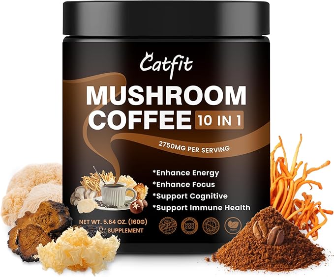 Catfit Instant Mushroom Coffee Powder, 10-in-1 Adaptogen Blend with Lion's Mane, Chaga & Cordyceps for Energy, Focus, Gut Health & Immune Support -50 Servings