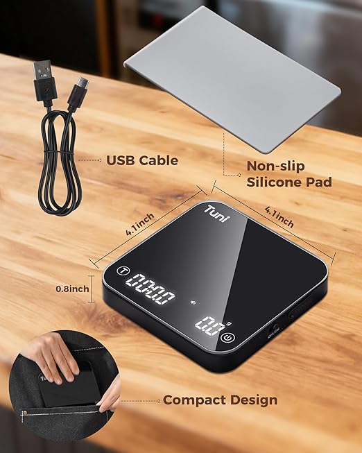 Tuni Rechargeable Mini Coffee Scale with Timer, 2kg/0.1g Accurate Espresso Scale for Espresso and Pour-Over Coffee, Portable Digital Kitchen Scale with Automatic Timing, Black