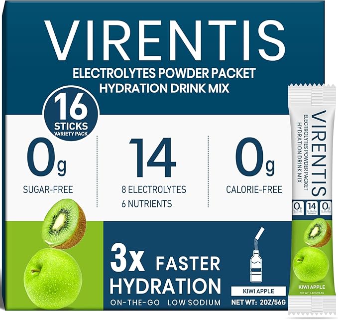 16 Sticks Electrolytes Powder Packets Sugar Free Hydration Packets Liquid Daily IV Electrolyte Drink Mix for Rehydration with 8 Electrolytes & 6 Vitamins, Low Sodium, Kiwi Apple