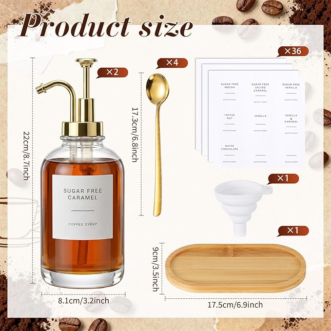 Remerry 2 Pcs Coffee Syrup Dispenser 16.9oz 500ml Glass Syrup Dispenser with 4 Spoons, 36 Labels and Bamboo Tray, Glass Bottles with Pump for Coffee Accessories(Golden)