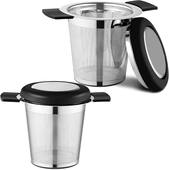 2 Pack Tea Strainers for Loose Tea Stainless Steel Fine Mesh Steeper & Infuser with Large Capacity Tea Diffuser Basket and Lid Fits for Cup