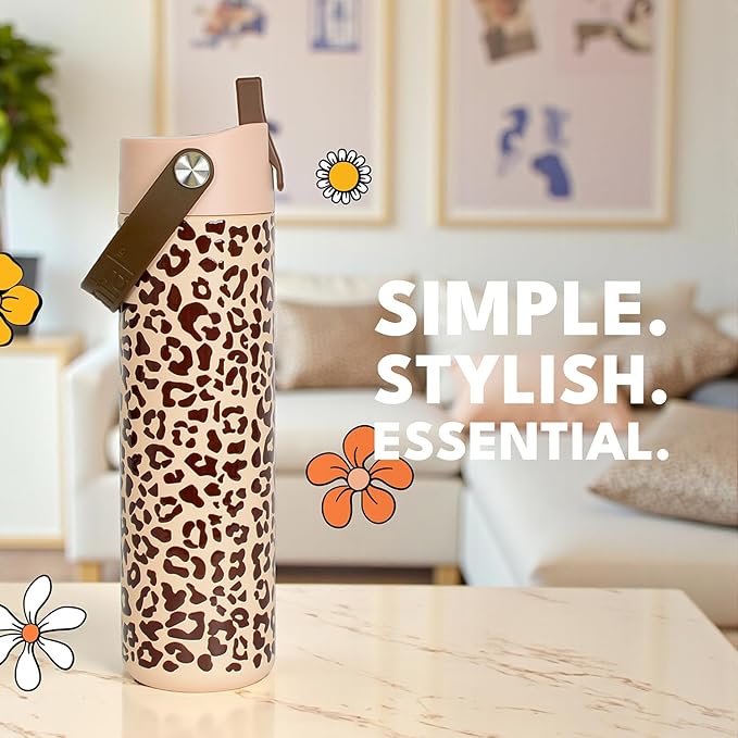 Elemental 24oz Insulated Water Bottle with Straw - 100% Leak-Proof Stainless Steel Core Water Bottles for Travel, Sports and Gym - Double Wall Insulation & BPA Free - Beige Leopard