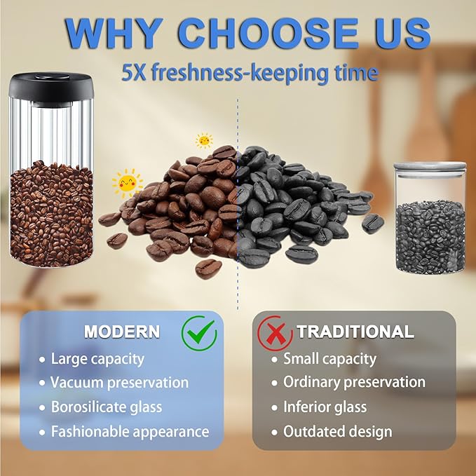 Vacuum Coffee Canister,2PCS 61FLOZ Borosilicate Glass Jar with Spare Airtight lid, Label and Brush, Coffee Bean Storage for Coffee Beans & Grounds Coffee(Clear Glass)