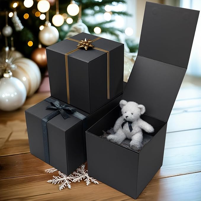 Ditwis 4 Pack 8x8x8 Inches Gift Boxes with Magnetic Closure Lids, Black Magnetic Box for Wedding, Groomsmen Bridesmaid Proposal, Birthdays, Mother's Day