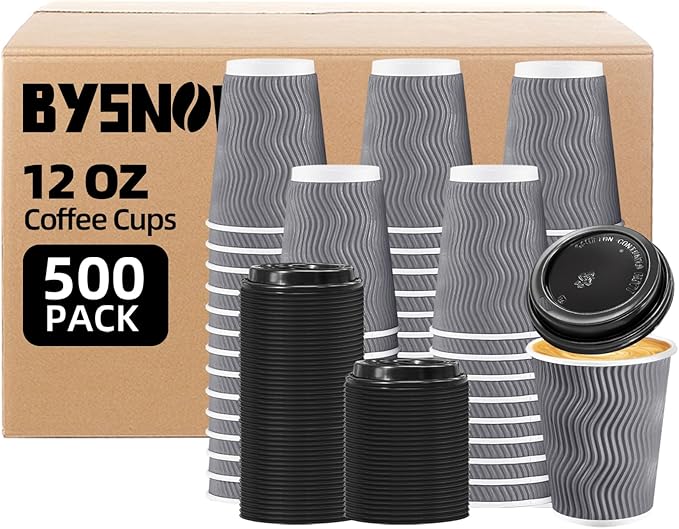BYSNOW 500 Pack 12 oz Coffee Cups with Lids, Disposable Insulated Hot Cups To Go Paper Coffee Cups, Corrugated Ripple Wall Cup for Hot Drink, Office, Coffee Bar (Grey 12 oz)