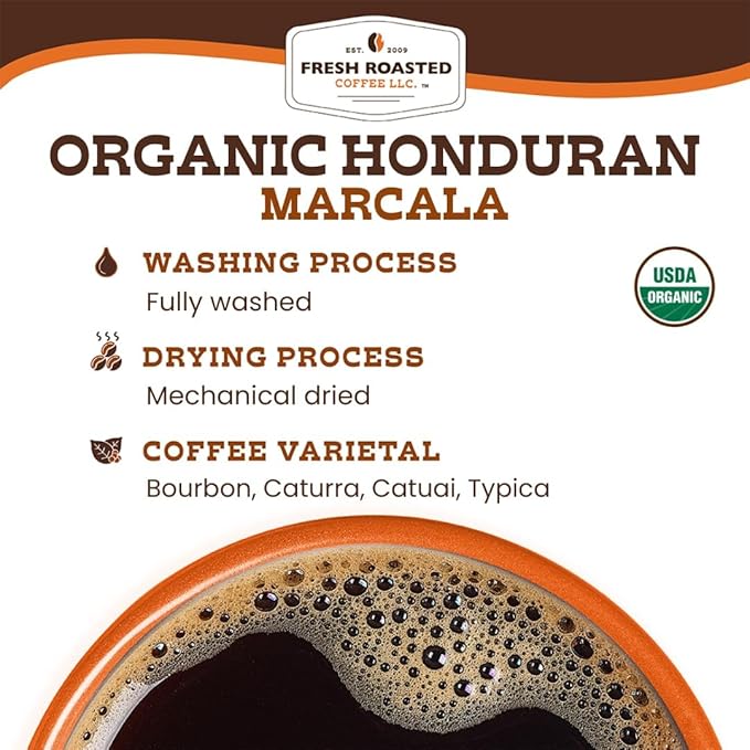 Fresh Roasted Coffee, Organic Honduran Marcala | USDA Organic, 100% Single Origin, Kosher | Medium Roast 12 oz Whole Bean