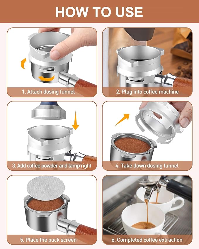 Vomika 54mm Coffee Dosing Funnel, Hands-Free Aluminum Dosing Ring & 53.5mm Stainless Steel Puck Screen, Espresso Accessories suitable for 54mm Breville Barista Portafilters, with Grinding Trigger