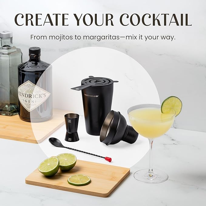 Modern Mixology Cocktail Shaker Set - 8 Piece Bartender Kit on Quality Pine Stand | Complete Cocktail Kit Gift Set | Top Bartender Gifts for Men | Leak Proof Design (Black)