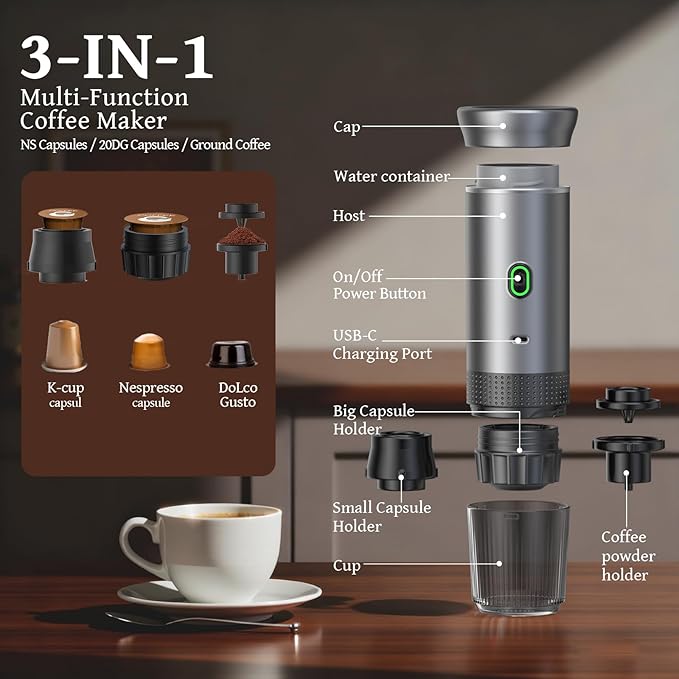 Portable Electric Espresso Machine for Travel, 3-In-1 Travel Coffee Maker for Coffee Powder, Coffee Maker Self-Heating with USB-C, with Ground Coffee & NS Capsule for RV, Hiking,Camping