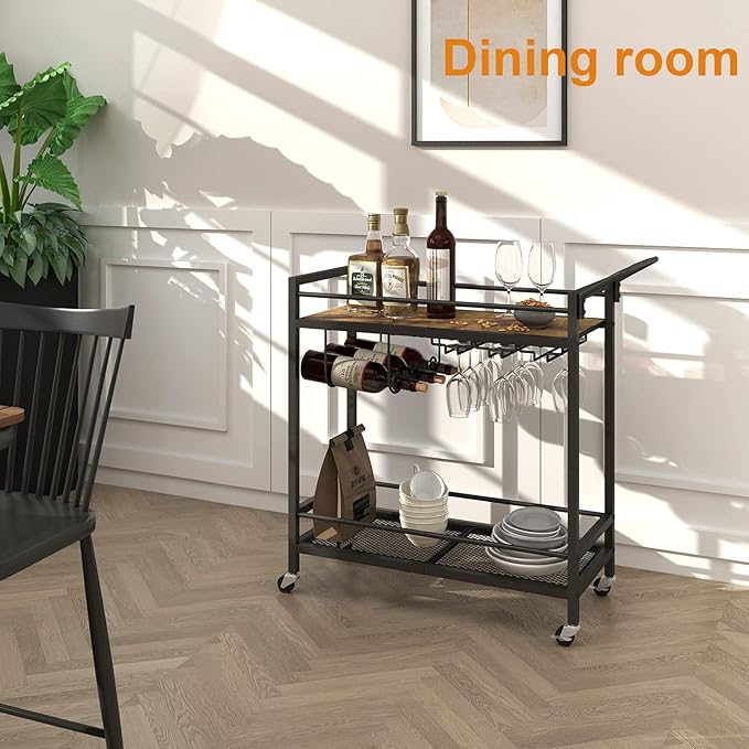 LAATOOREE Home Bar Serving Cart, Mobile Drink Beverage Cart with Two-Color Top Shelf, Rolling Kitchen Cart with Wine Holder and Glass Holder, for Dinning Room, Living Room, Kitchen